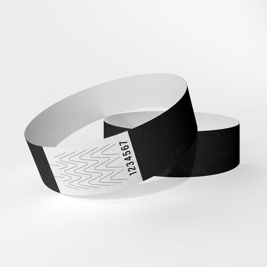Das Bild zeigt zwei Tyvek-Kontrollarmbänder. Eines über dem anderen. Auf dem oberen Armband ist ein weißes Teil zu sehen, das ein Verschluss aus Klebstoff ist, der beim Abnehmen des Armbands reißt.